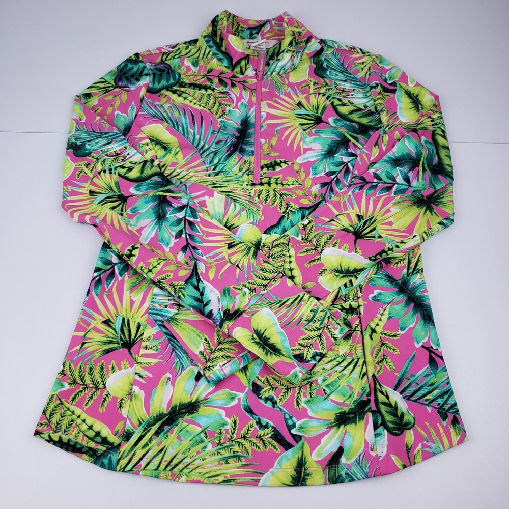 Tommy‎ Bahama Golf Tropical Floral  1/4 Zip Pullover Pink Green Women's Medium